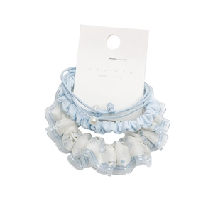 Blauwe bloemen haarelastiekjes set met elastische banden en witte parel accenten