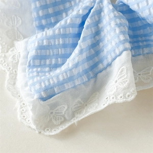 Detailed close-up of blue plaid seersucker fabric with exquisite butterfly lace embroidery