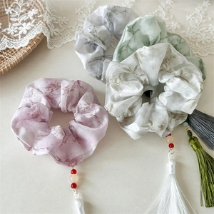 Ink floral scrunchies with elegant tassels and Chinese style patterns for hair styling
