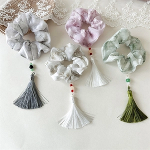 Neo-Chinese Style Ink Floral Scrunchie Fabric Hair Tie With Long Tassel Bead Elegant Elastic Band For Women Hair Accessories