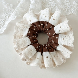 Vintage floral hair scrunchie with white embroidered lace trim for women ponytail