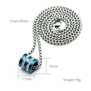 Titanium steel necklace with blue and silver cylinder pendant featuring sparkling crystals