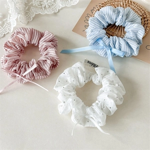 Three-piece set of striped bow hair scrunchies with elegant silver beads for women