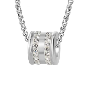 Polished silver titanium steel cylinder pendant necklace with sparkling cubic zirconia