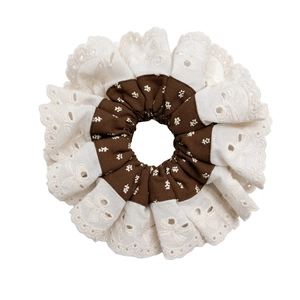Vintage embroidery lace scrunchie with brown floral pattern for stylish hair styling