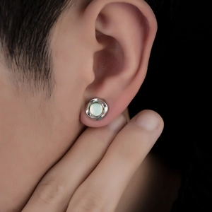 Silver Mobius ear clip with cat eye stone, magnetic non-piercing earring for men and women