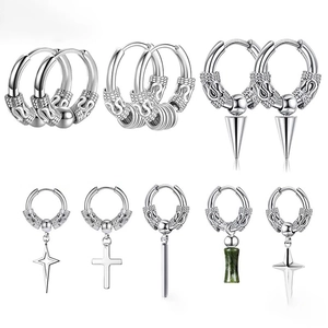 Dragon Pattern Hoop Earrings For Men Stainless Steel Punk Gothic Cross Feather Sword Pendant Earrings Ethnic Style Jewelry