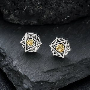 Vintage Silber Ohrclips Sechszackiger Stern mit goldenem Sonnentotem auf Vulkangestein