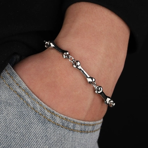 Silver bone link bracelet for men and women featuring unique punk hip hop style links