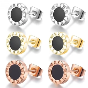 Minimalist Stainless Steel Roman Numeral Stud Earrings For Men Women Round Black Enamel Inlay Vintage Fashion Ear Jewelry