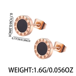 Rose gold roman numeral earrings with black inlay, 0.77cm diameter minimalist stud jewelry