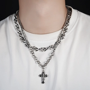 Collana a doppio strato con pendente a croce gotica in acciaio inossidabile argento moda