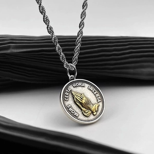 Men Vintage Praying Hands Pendant Necklace Titanium Steel Copper Bicolor Round Coin Latin Engraved Rope Chain Hip Hop Jewelry