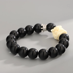 Men's Retro Handmade Black Glazed Glass Beaded Bracelet With Chinese Auspicious Lion Head And Crown Charm Lucky Jewelry