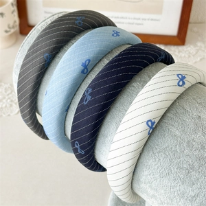 Thick sponge headband with blue striped fabric and delicate bow embroidery decorations