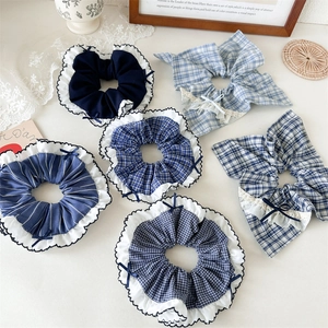 Sweet Blue White Gingham Striped Hair Scrunchies Lace Edge Ribbon Bow Korean Style Fabric Ponytail Holder Accessories