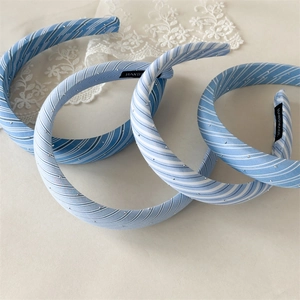 Blue and white striped fabric sponge headband set with silver beads for women