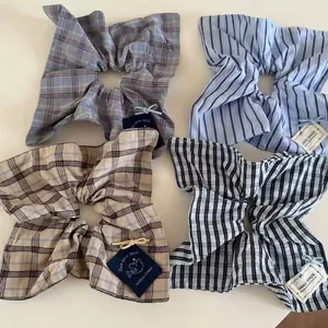 Handmade Plaid Stripe Bowknot Fabric Scrunchies For Women Versatile Gingham Hair Tie Large Elastic Ponytail Holder Hair Accessories