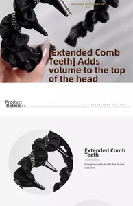 Detail of black pleated fabric headband showing 3cm long teeth for added hair volume