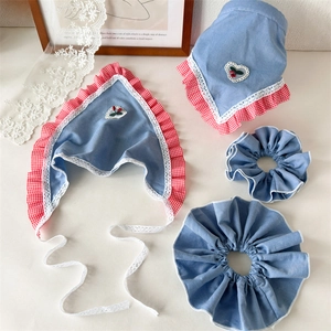 Pastoral Denim Blue Bow Hairband Red Cherry Triangle Headscarf Gingham Ruffle Lace Embroidery Hair Accessories For Women Girls