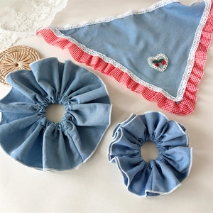 Denim blue bow pet headscarf and scrunchie set with red cherry lace details