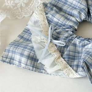 Blue plaid hair scrunchie with lace trim and bow for women elegant hair accessories