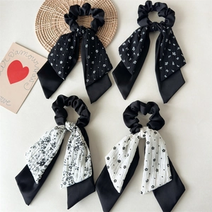 Floral black and white chiffon scrunchies set with long ribbons in French style
