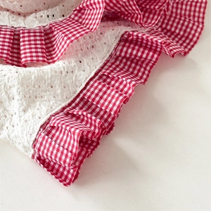 Pastoral cherry gingham headband with white lace embroidery for girls picnic styling