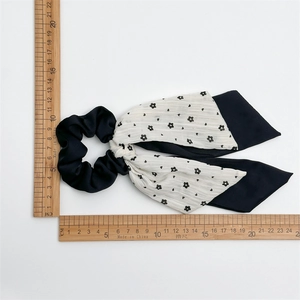 Floral black and white double-layered scrunchie with long ribbons and 20cm length