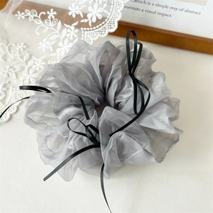 Détail d'un chouchou en mesh gris style ballet avec de délicats rubans noirs sur fond blanc