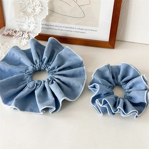 Blue denim texture scrunchies set with white edge stitching and sweet vacation style