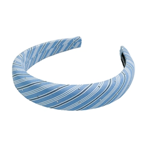 Stylish light blue and white striped padded headband with sparkling silver rhinestones
