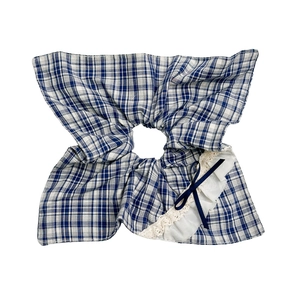 Blue and white checkered scrunchie with lace trim and elegant navy ribbon bow