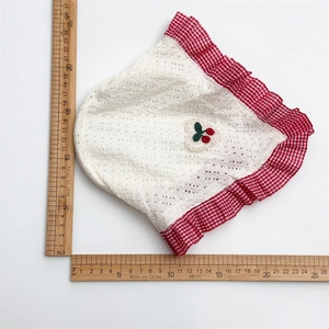 Pastoral white lace baby bonnet with red gingham trim and cherry patch plus size guide
