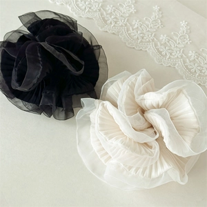 Elegant organza oversized hair scrunchies in black and beige with pleats for women