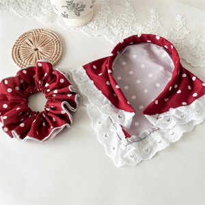 Vintage Red Polka Dot Headscarf And Scrunchie Set With White Hollow Heart Lace Embroidery Sweet Hair Accessories For Women Kids