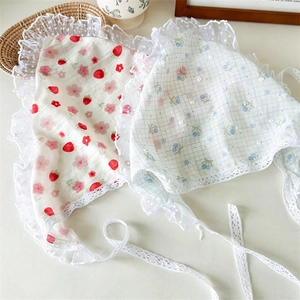 Floral lace triangle headscarf with strawberry and cherry prints in pastoral style