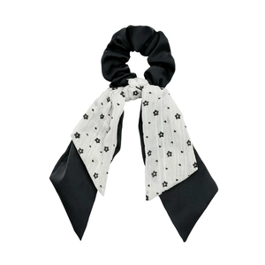 Floral black and white double-layer scrunchie with long ribbons and elegant mesh print