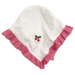 White eyelet embroidery triangle bandana headband with red gingham lace and cherry detail