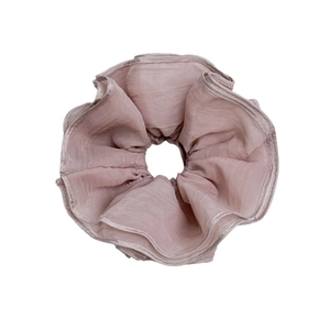 Elegant multi-layer mesh scrunchie in dusty pink with sheer pleated fabric and elastic band