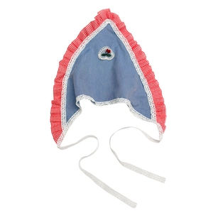 Denim blue floral baby bandana with cherry embroidery and red plaid ruffle trim for girls