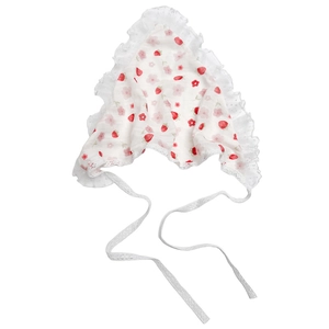 White lace baby kerchief with strawberry floral print and ribbon ties for infants