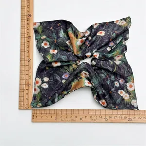 Elegant vintage floral silk scarf with green and purple patterns for hair styling