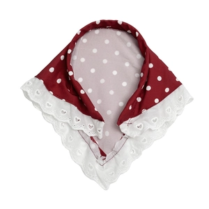 Retro red polka dot headband with double-layered white lace trim and heart-shaped hollow details