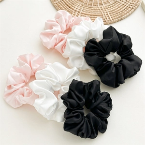 Set of six high-elastic satin silk scrunchies in pink, white, and black colors