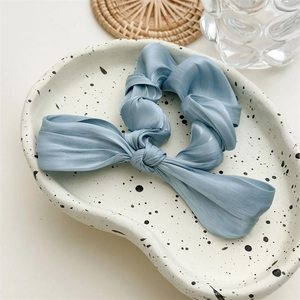 Gros plan détaillé du chouchou en satin bleu clair avec long ruban sur une assiette en céramique