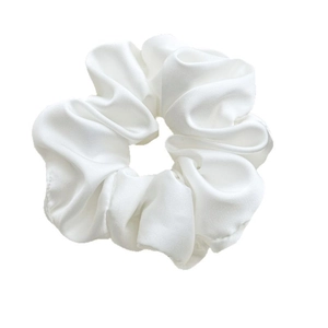 Elegant white satin silk scrunchie with high elasticity for classic ponytail hair styling