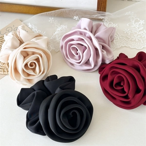 Elegant Satin Large Rose Flower Scrunchie French Style Handmade Fabric Hair Tie For Women Girls Party Daily Hair Accessories
