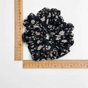 Black chiffon floral scrunchie with daisy pattern and 14cm diameter for women