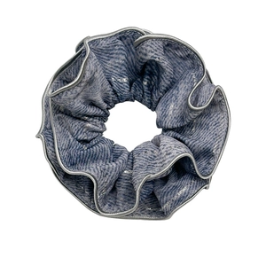 Elegant blue denim scrunchie with silver glitter stripes and grey ruffled fabric trim